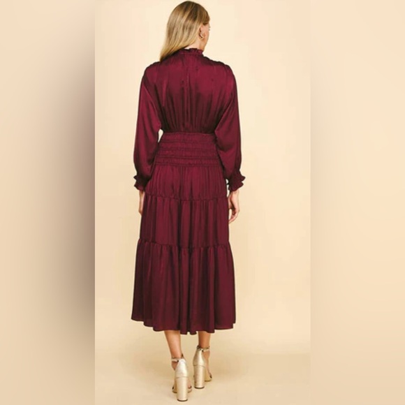 NWT- PINCH waist smocking tiered midi dress- deep wine - Picture 3 of 5